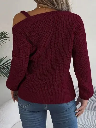 Asymmetrical Neck Long Sleeve Sweater - GlossiChic Collectionapparel