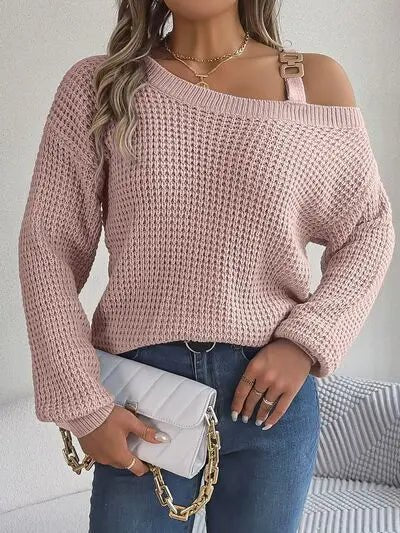 Asymmetrical Neck Long Sleeve Sweater - GlossiChic Collectionapparel