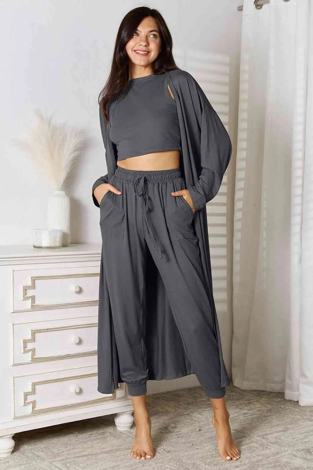 Tank, Pants, Cardigan Set - GlossiChic Collection Charcoal / S GlossiChic Collection Outfit Sets