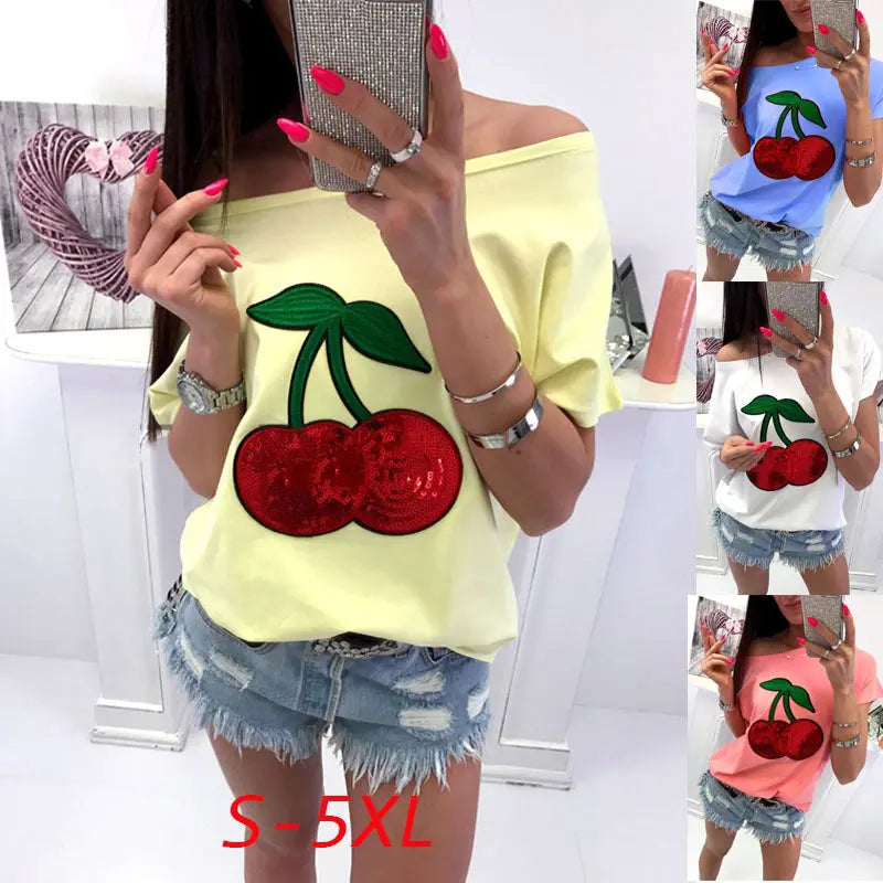 Sequin Cherry Patch T-shirt - GlossiChic Collection Blue / S GlossiChic Collection Shirts & Tops