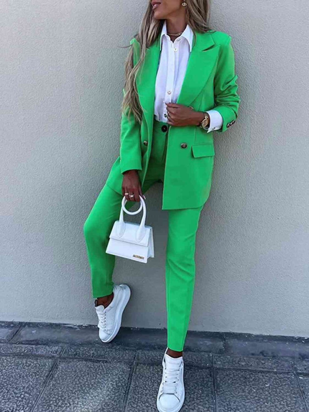 Lapel Collar Long Sleeve Blazer and Pants Set - GlossiChic Collection Mid Green / S GlossiChic Collection Outfit Sets