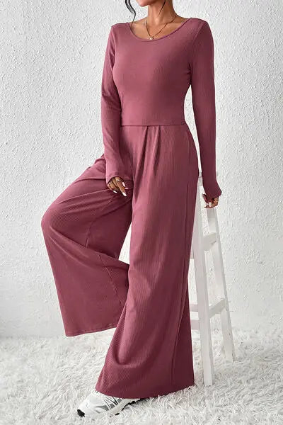 Ribbed Round Neck Top and Wide-Leg Pants Set - GlossiChic Collection Moonlit Mauve / S GlossiChic Collection Outfit Sets