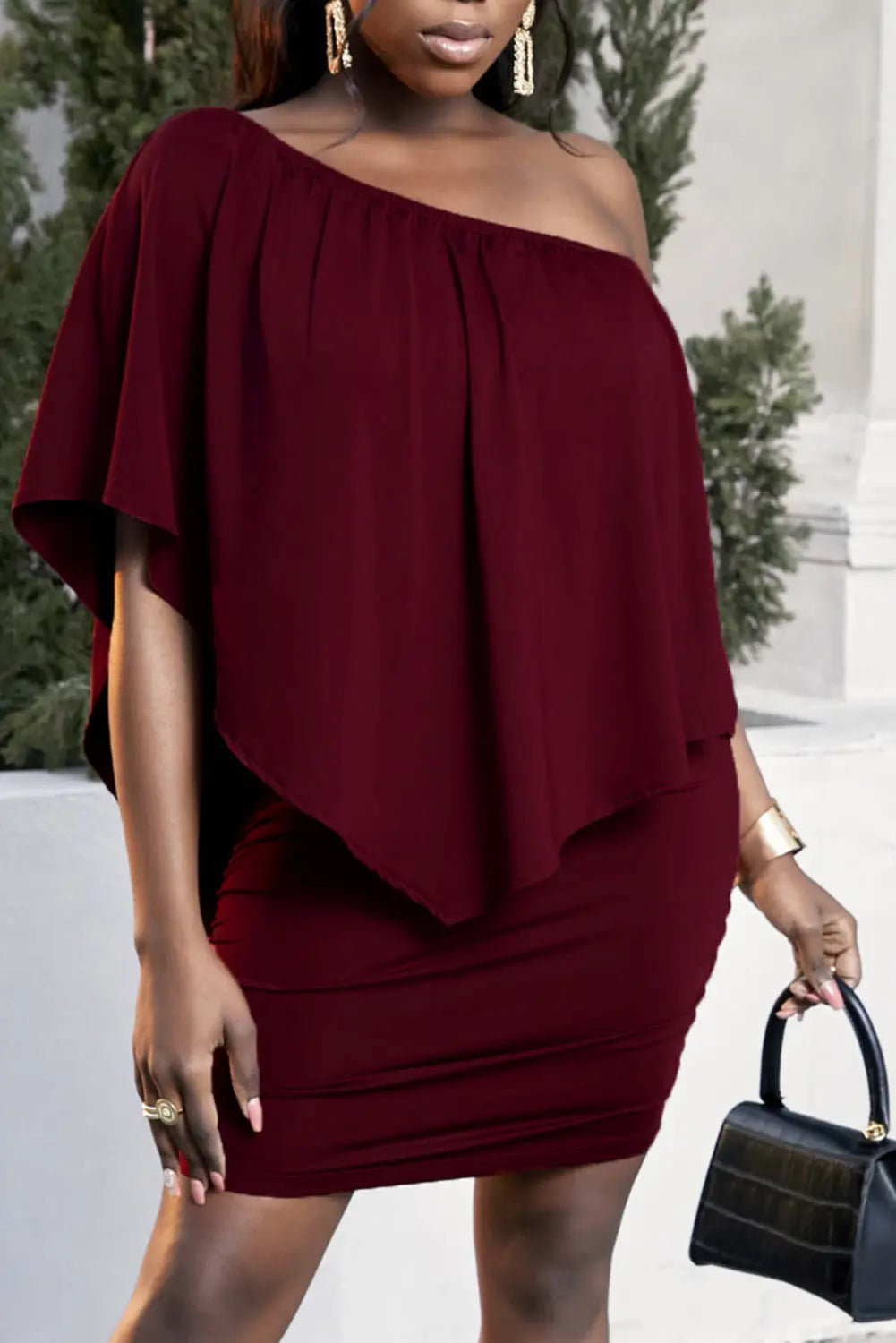 Plus Size One-Shoulder Half Sleeve Mini Dress - GlossiChic Collection Wine / XL GlossiChic Collection Dresses