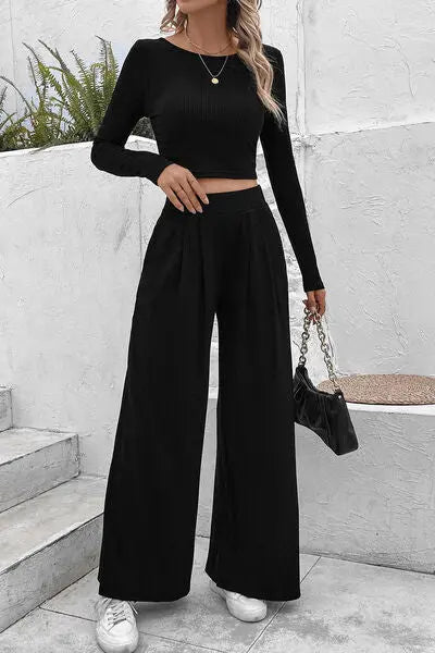 Ribbed Round Neck Top and Wide-Leg Pants Set - GlossiChic Collection Black / S GlossiChic Collection Outfit Sets