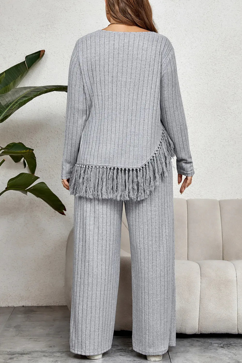 Plus Size Tassel Hem Top and Pants Set - GlossiChic Collection Cloudy Blue / 1XL GlossiChic Collection apparel