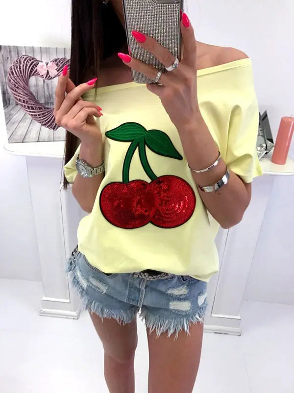 Sequin Cherry Patch T-shirt - GlossiChic Collection Yellow / S GlossiChic Collection Shirts & Tops