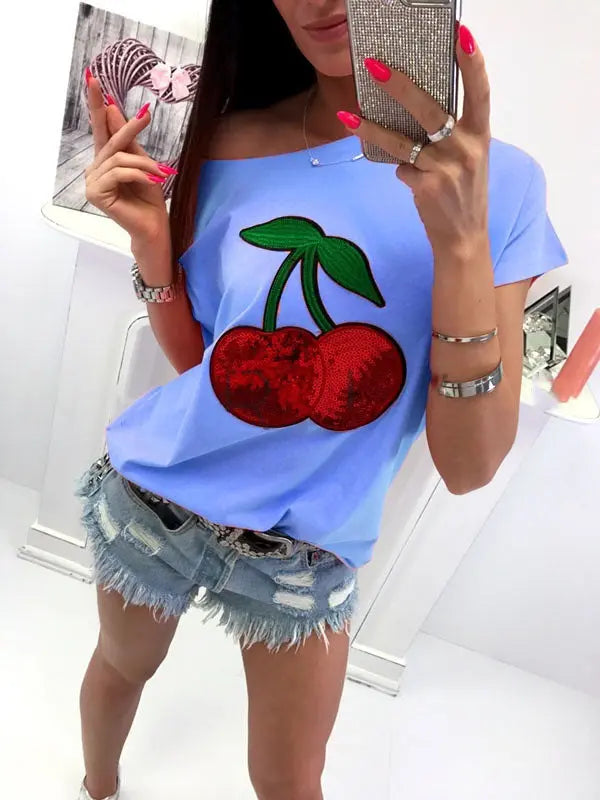 Sequin Cherry Patch T-shirt - GlossiChic Collection Blue / S GlossiChic Collection Shirts & Tops