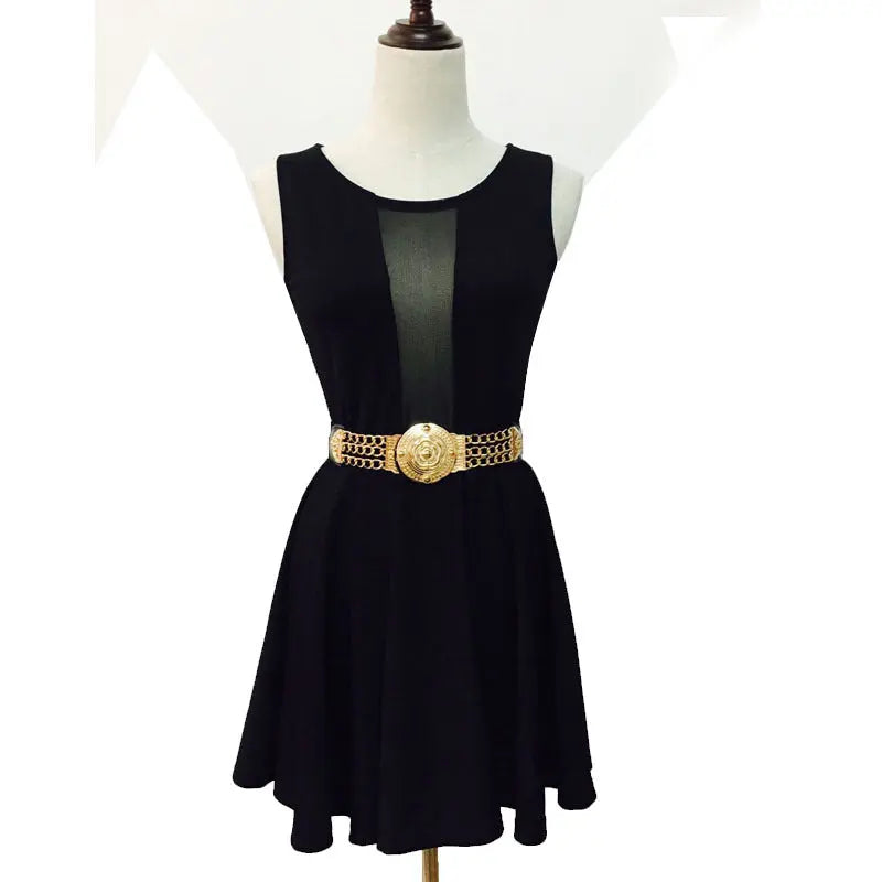 Fashion Metal Elastic Wide Belt Chain Flower Decoration - GlossiChic Collection Black GlossiChic Collection Belts & Hats