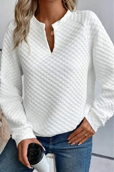 Notched Long Sleeve Sweater - GlossiChic Collection White / S GlossiChic Collection apparel