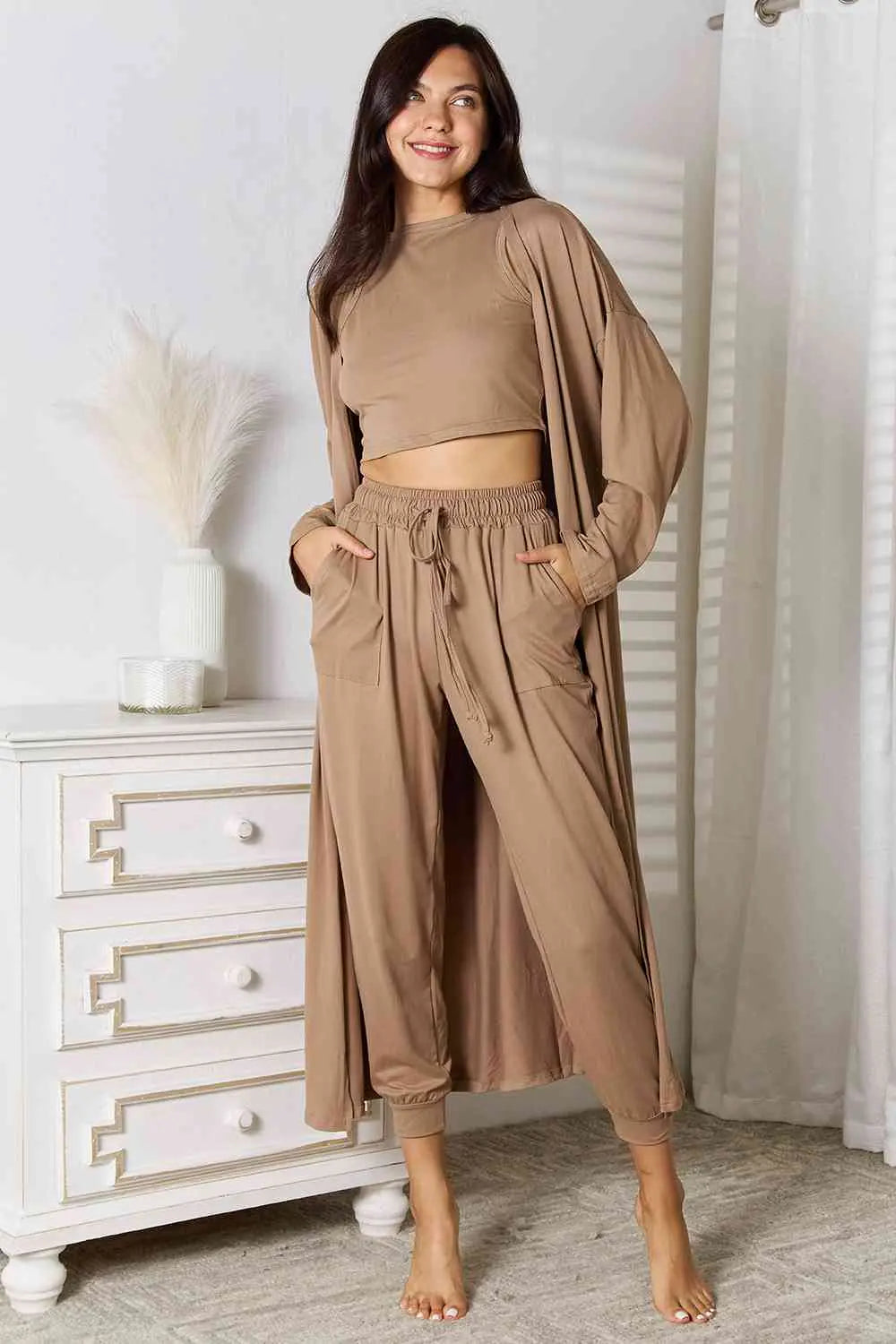 Tank, Pants, Cardigan Set - GlossiChic Collection Taupe / S GlossiChic Collection Outfit Sets