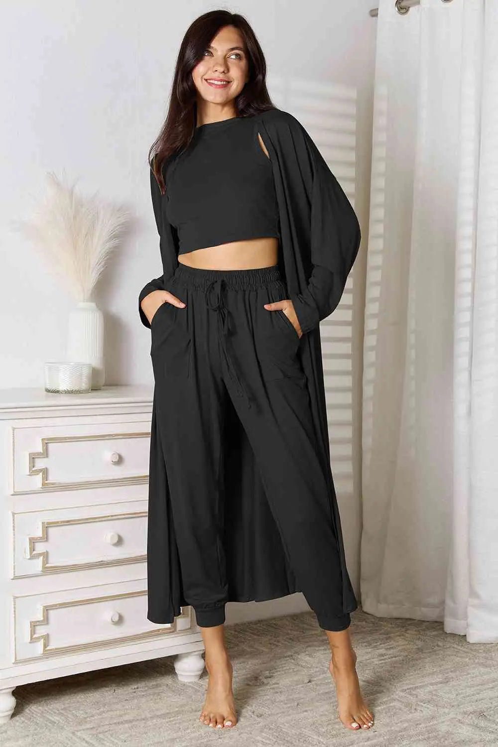Tank, Pants, Cardigan Set - GlossiChic Collection Black / S GlossiChic Collection Outfit Sets