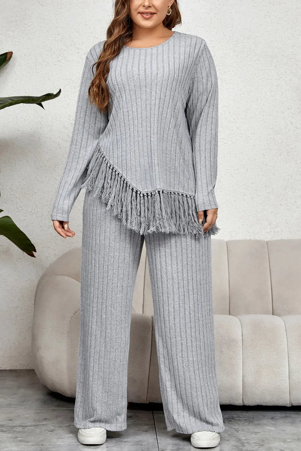 Plus Size Tassel Hem Top and Pants Set - GlossiChic Collection Cloudy Blue / 1XL GlossiChic Collection apparel