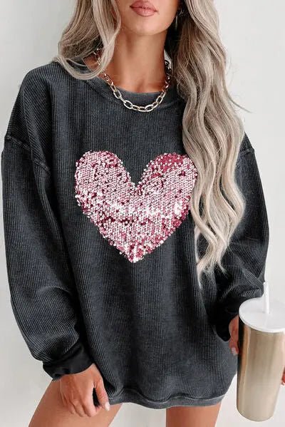 Heart Sequin Round Neck Sweatshirt - GlossiChic Collectionapparel