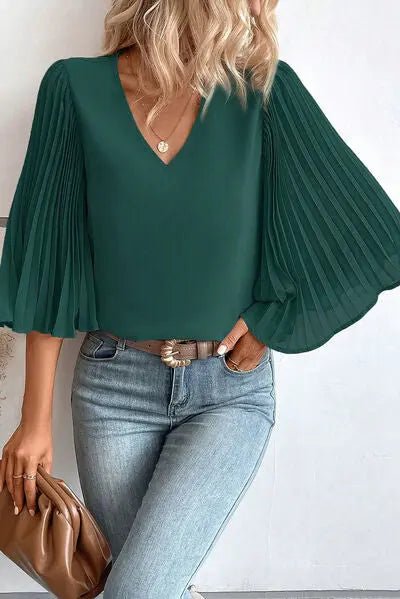 Pleated Flutter Sleeve V - Neck Blouse - GlossiChic CollectionShirts & Tops