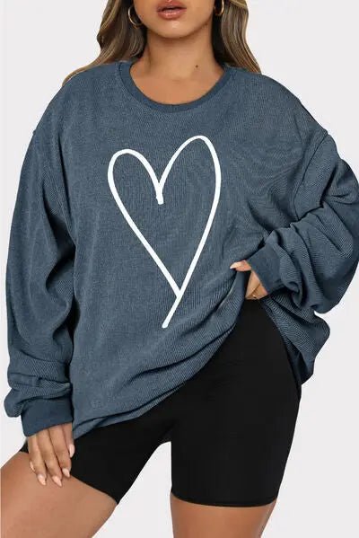 Plus Size Heart Ribbed Round Neck Sweatshirt - GlossiChic Collectionapparel
