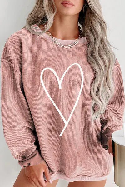 Plus Size Heart Ribbed Round Neck Sweatshirt - GlossiChic Collectionapparel