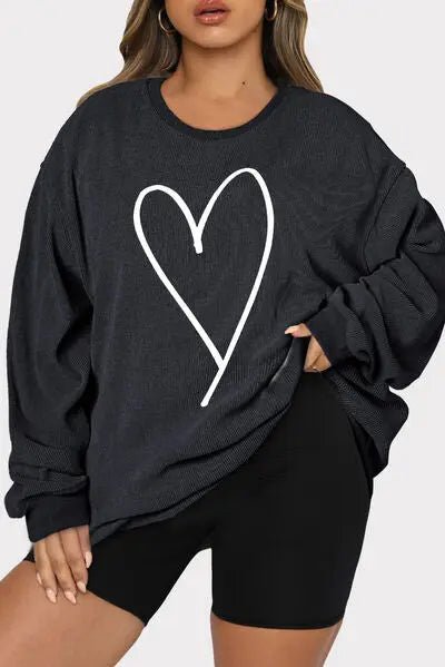 Plus Size Heart Ribbed Round Neck Sweatshirt - GlossiChic Collectionapparel