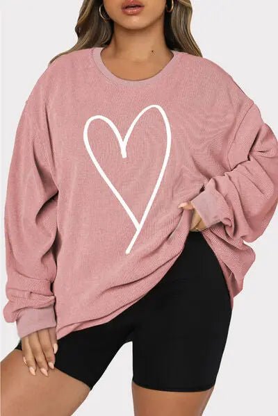 Plus Size Heart Ribbed Round Neck Sweatshirt - GlossiChic Collectionapparel