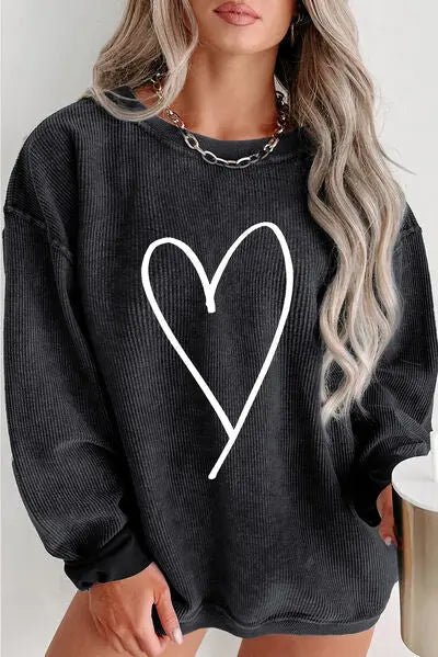 Plus Size Heart Ribbed Round Neck Sweatshirt - GlossiChic Collectionapparel