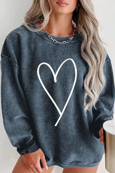 Plus Size Heart Ribbed Round Neck Sweatshirt - GlossiChic Collectionapparel