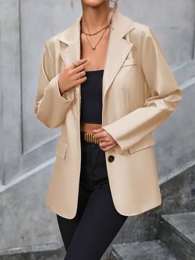 Pocketed Button Up Collared Neck Blazer - GlossiChic Collectionapparel