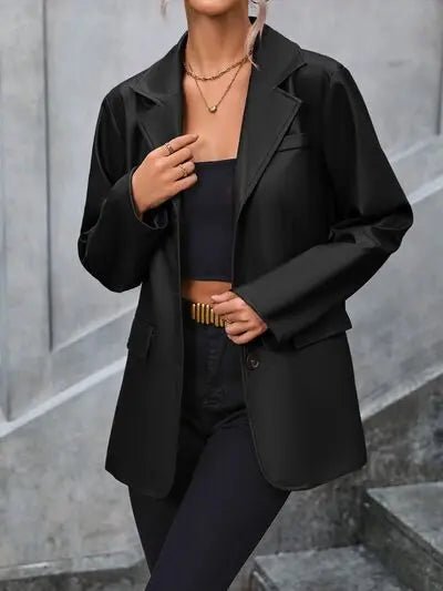 Pocketed Button Up Collared Neck Blazer - GlossiChic Collectionapparel