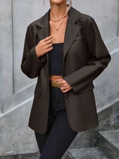 Pocketed Button Up Collared Neck Blazer - GlossiChic Collectionapparel