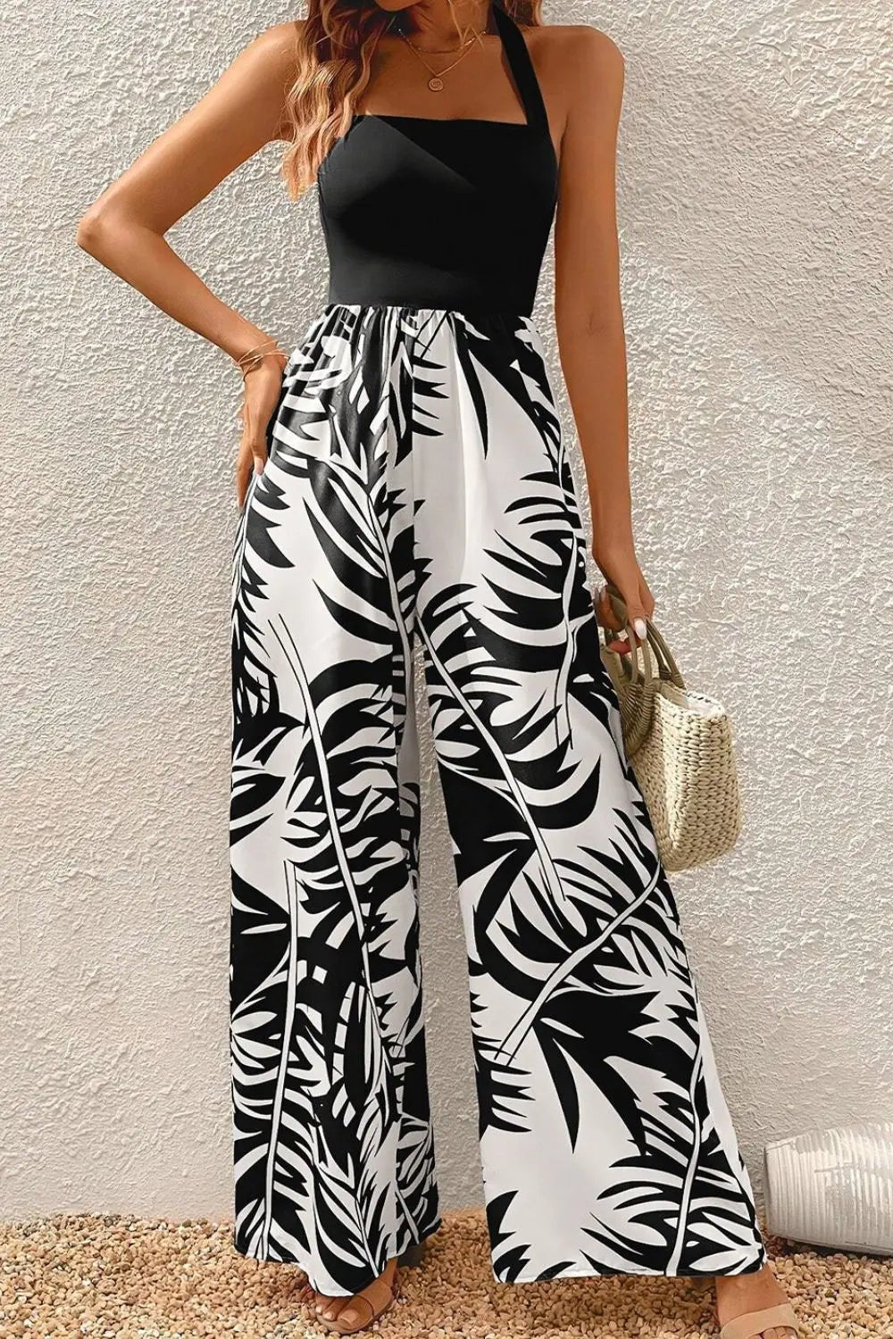 Printed Halter Wide Leg Jumpsuit - GlossiChic CollectionJeans, Pants, & Shorts