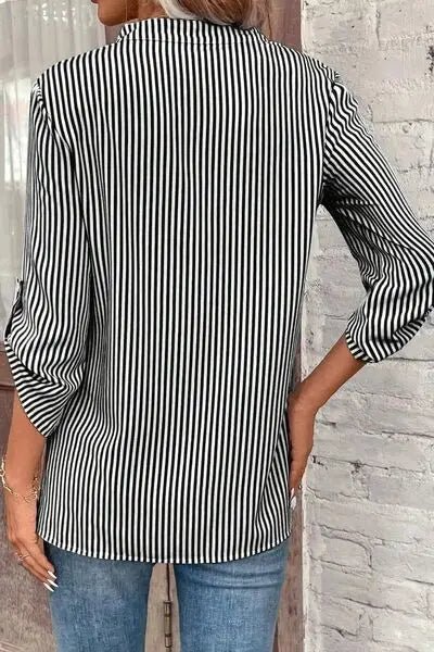 Striped Notched Roll - Tab Sleeve Shirt - GlossiChic CollectionShirts & Tops
