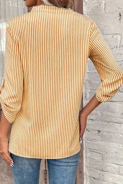 Striped Notched Roll - Tab Sleeve Shirt - GlossiChic CollectionShirts & Tops