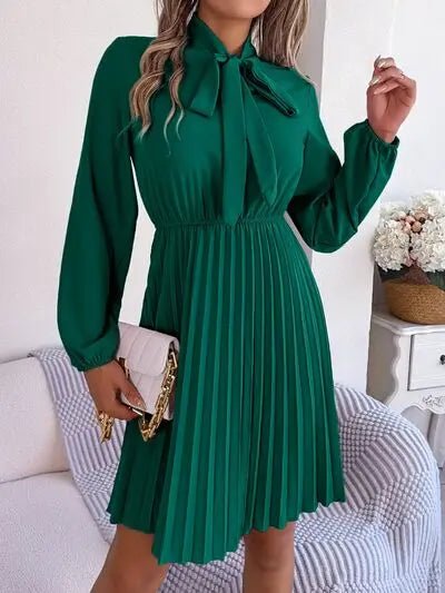 Tie Neck Balloon Sleeve Pleated Dress - GlossiChic CollectionDresses