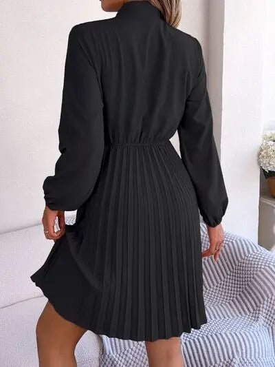 Tie Neck Balloon Sleeve Pleated Dress - GlossiChic CollectionDresses