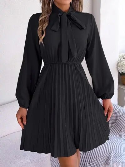 Tie Neck Balloon Sleeve Pleated Dress - GlossiChic CollectionDresses