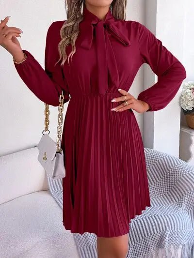 Tie Neck Balloon Sleeve Pleated Dress - GlossiChic CollectionDresses