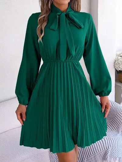 Tie Neck Balloon Sleeve Pleated Dress - GlossiChic CollectionDresses