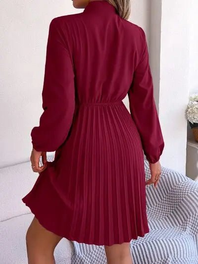 Tie Neck Balloon Sleeve Pleated Dress - GlossiChic CollectionDresses