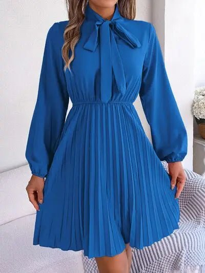 Tie Neck Balloon Sleeve Pleated Dress - GlossiChic CollectionDresses
