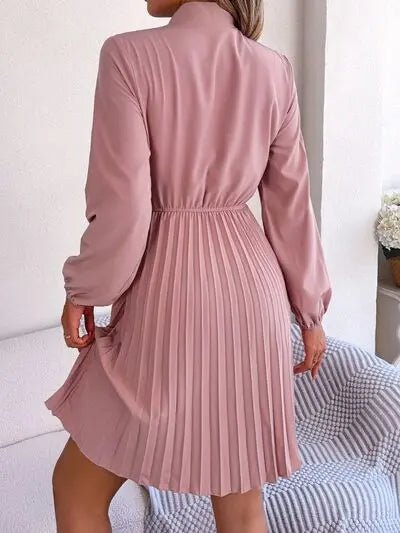 Tie Neck Balloon Sleeve Pleated Dress - GlossiChic CollectionDresses
