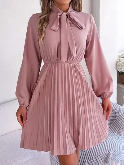 Tie Neck Balloon Sleeve Pleated Dress - GlossiChic CollectionDresses