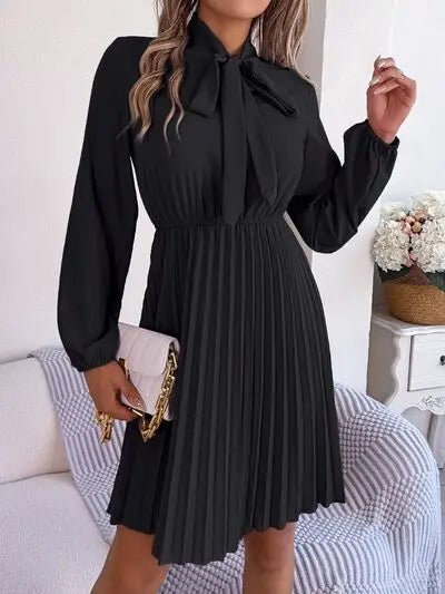 Tie Neck Balloon Sleeve Pleated Dress - GlossiChic CollectionDresses